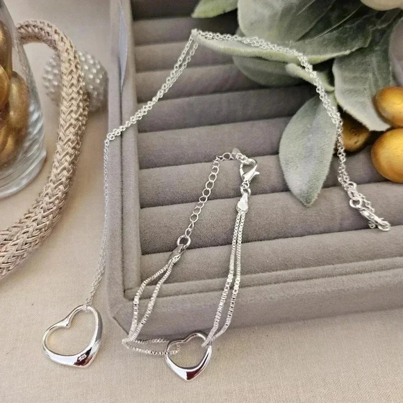 Jewelry - 2 PC 925 sterling silver snake bracelet with heart. Necklace with heart pendant